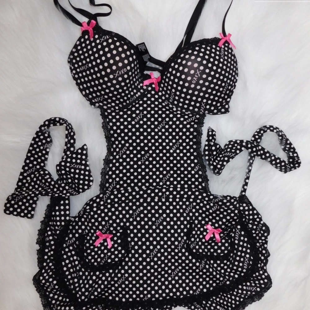 XOXO Black & White Polka Dot Babydoll Chemise with Pink Bows